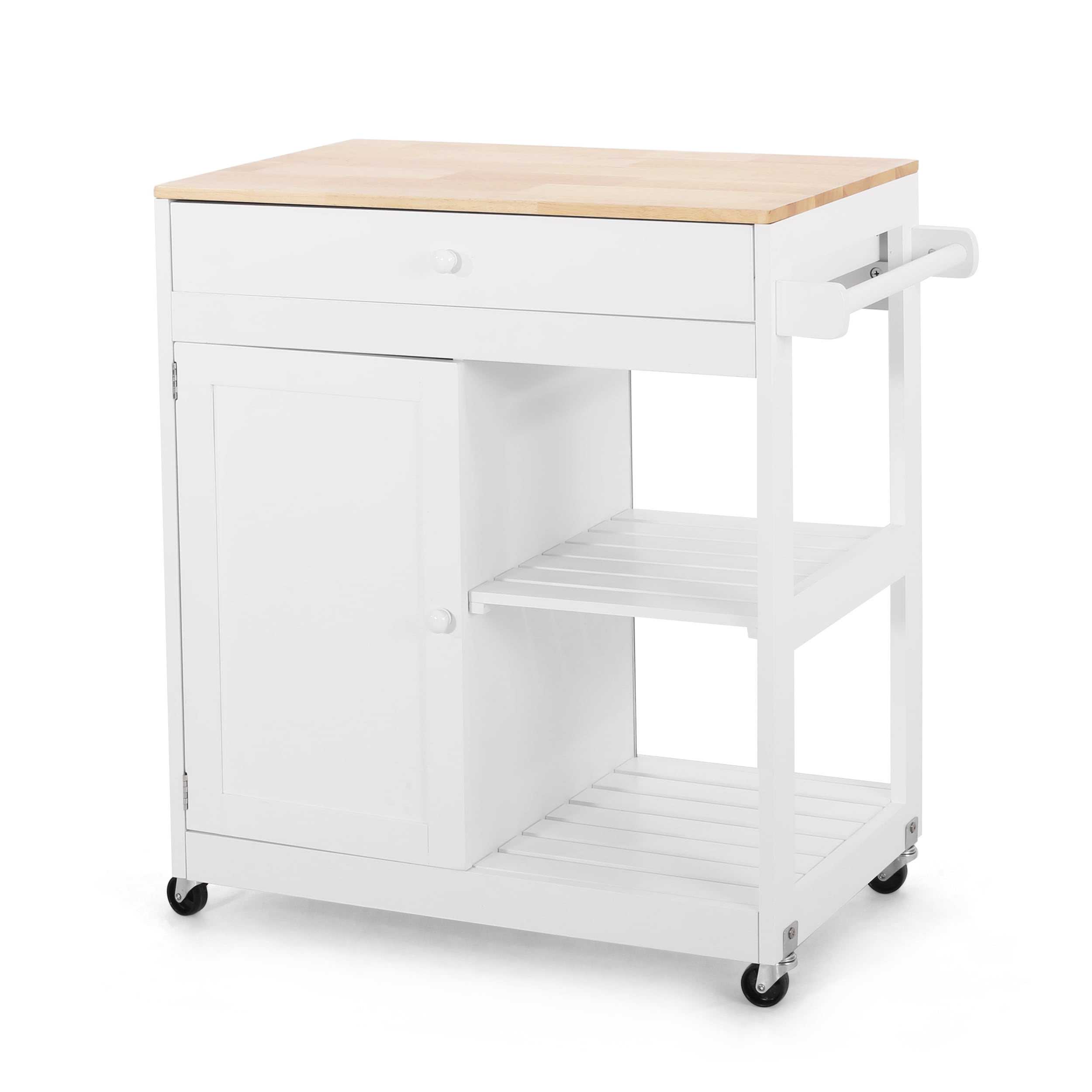 Noble House Tift Wood Kitchen Cart with Wheels, White and Natural