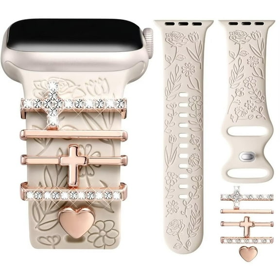 Comvin Flower Engraved Band Compatible with Apple Watch Bands for Women 40mm 38mm 41mm, Soft Silicone Band with Decorative Apple Watch Charms for iWatch Series 9 8 7 6 5 4 3 2 1 SE (With Band)