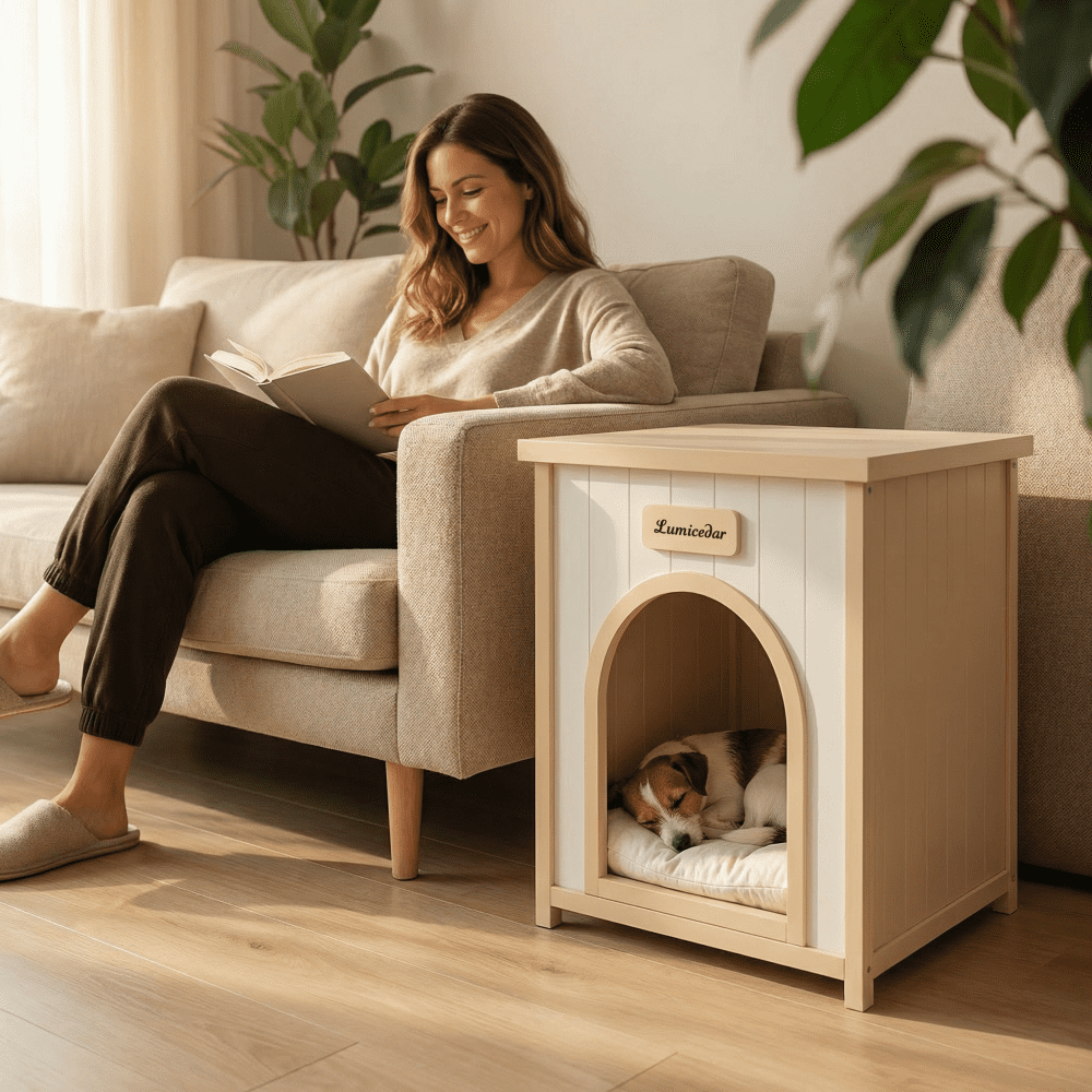 Homy Casa 23.6'' Solid Cedar Wood Pet House with Cushion, Indoor Outdoor Cat & Small Dog Shelter, Natural White