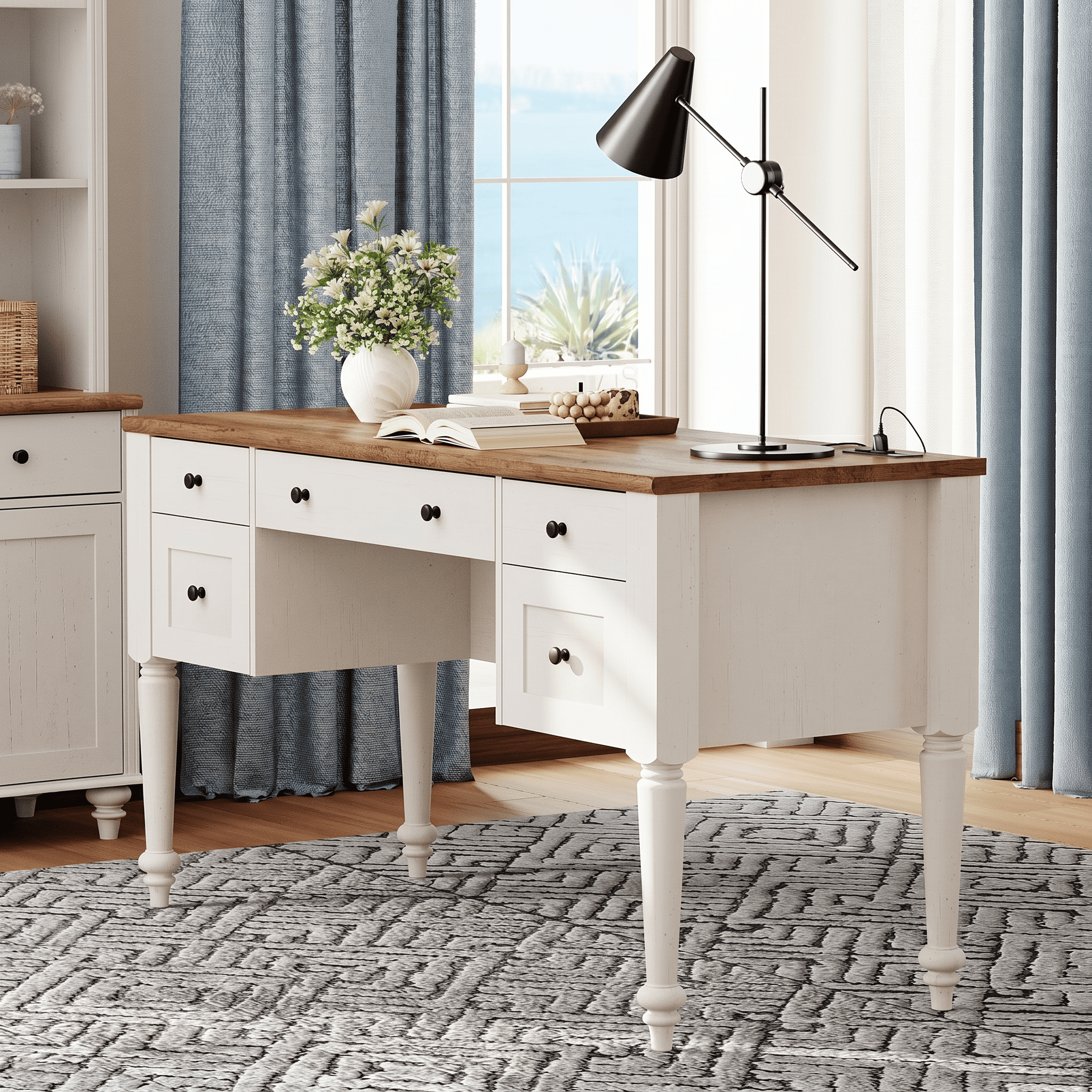 Vintage Executive Desk with Storage, Wood Office Desk with Charging Station & Drawer for Home Office & Study, Off White