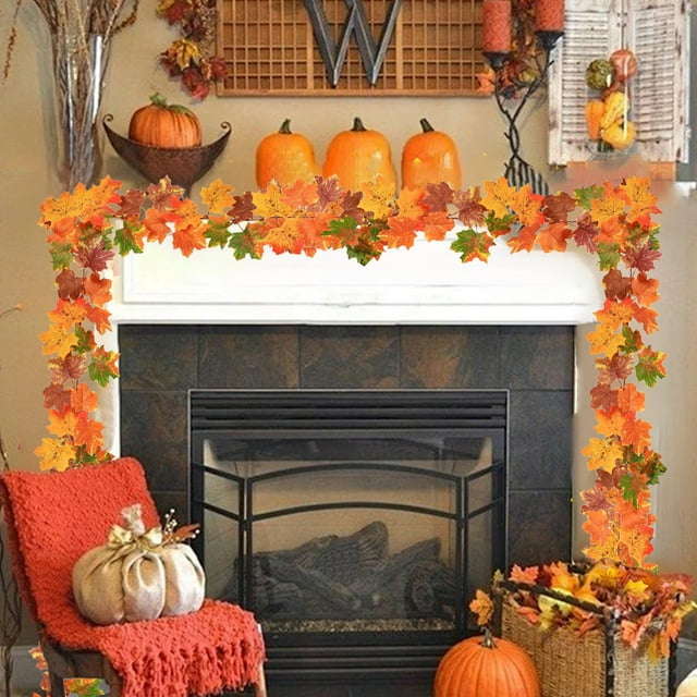 Artificial Maple Leaf Garland for Stairs and Doors - 78-Inch Fall Home Decor with Realistic Orange Foliage