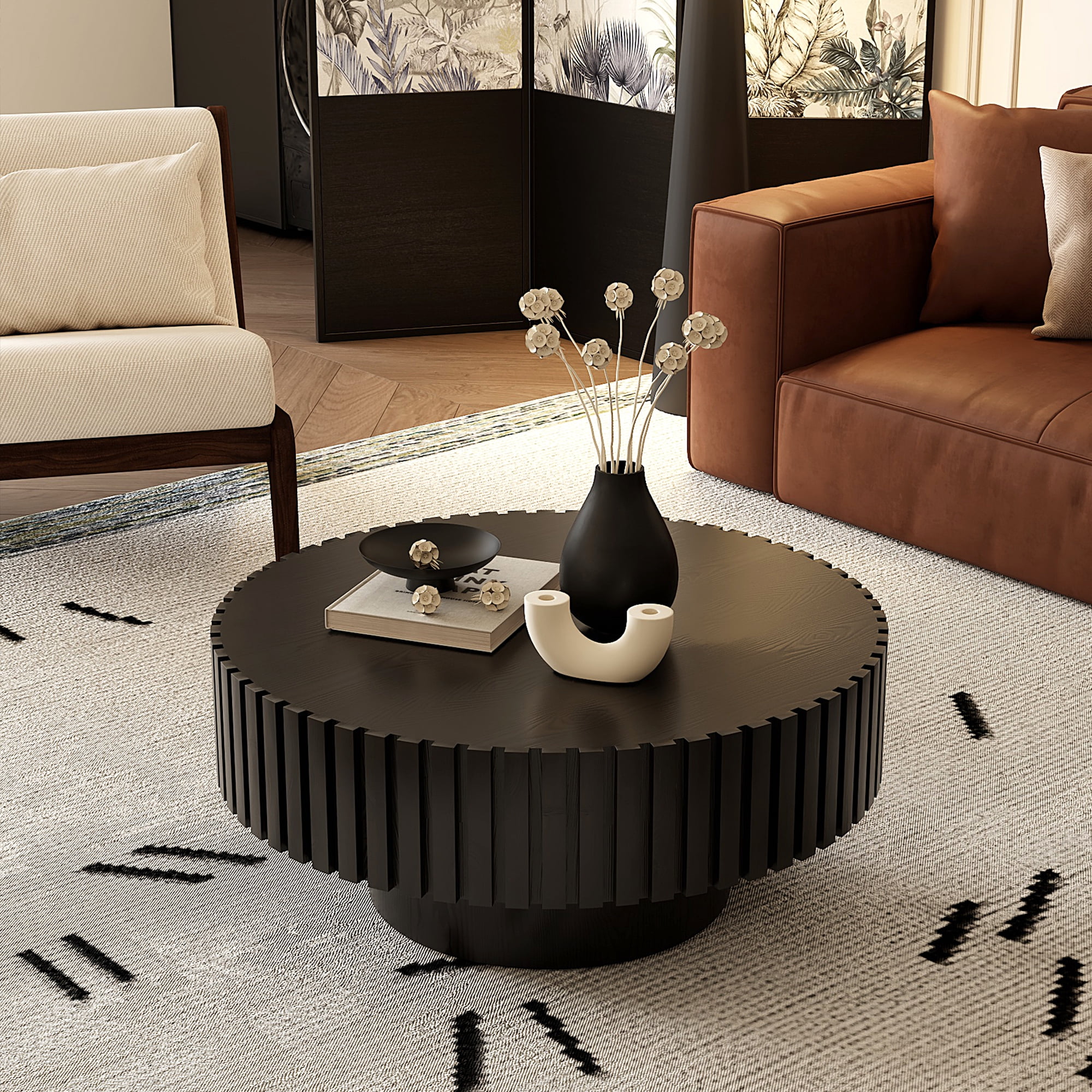 Leumius Round Coffee Table Handcrafted Relief Sturdy Pedestal Wooden Olive-Shaped Tea Table for Living Room Apartment Black