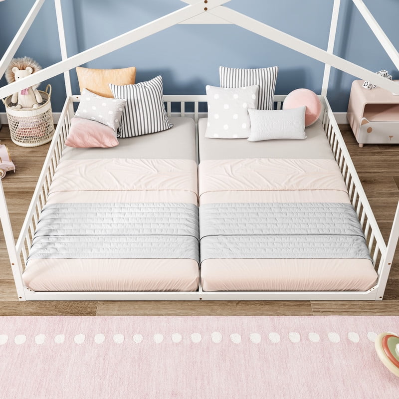 Double Twin Size House-Shaped Canopy Floor Bed with Safety Guardrails, Kids Wooden Low Profile Bed Frame with Open Roof Design