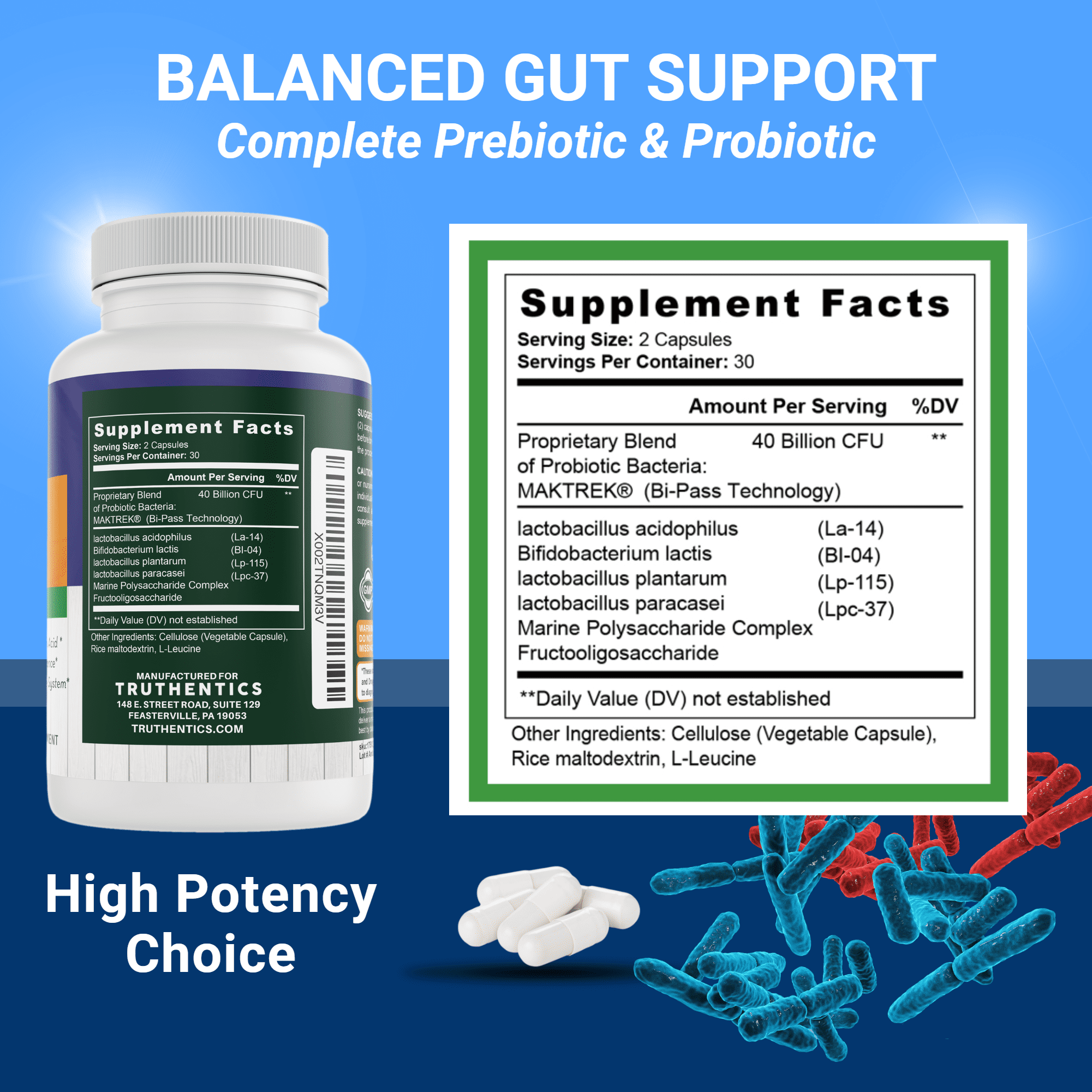 Truthentics Probiotic 40 Billion CFU with Acidophilus, Prebiotics, Gluten-Free, 120 Capsules, 2 Pack