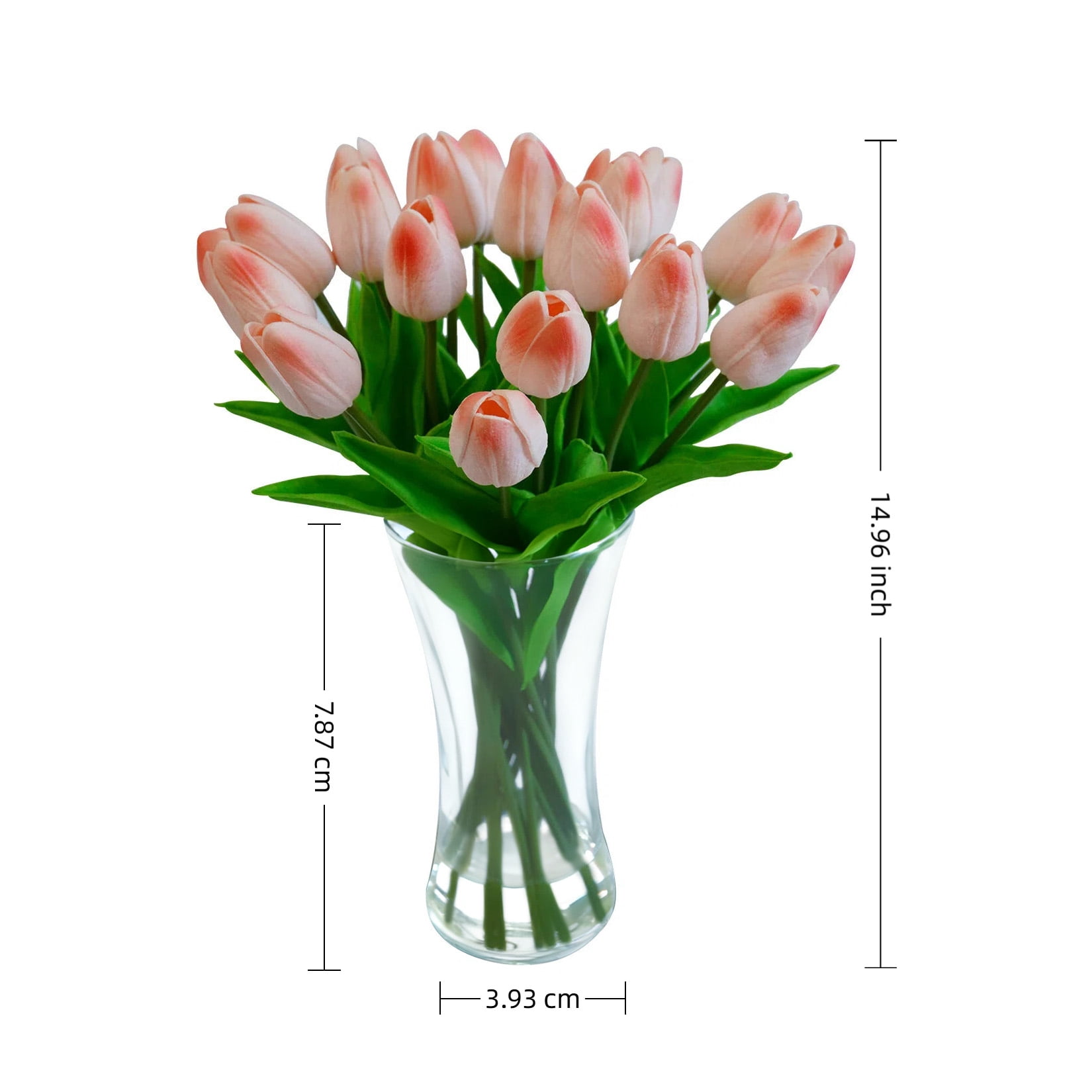 20 Pcs Artificial Real Touch Tulips Flowers in Glass Vase with Faux Water, Tulips Fake Arrangements Orange Tulip with Vase for Dining Table Home Decor Wedding Centerpieces