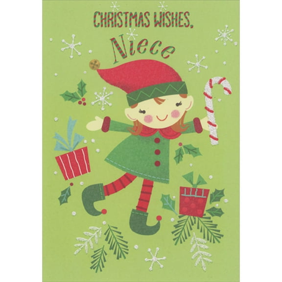 Designer Greetings Girl Elf Holding Sparkling Candy Cane, Snowflakes, Holly and Gifts on Light Green Juvenile Christmas Card for Niece