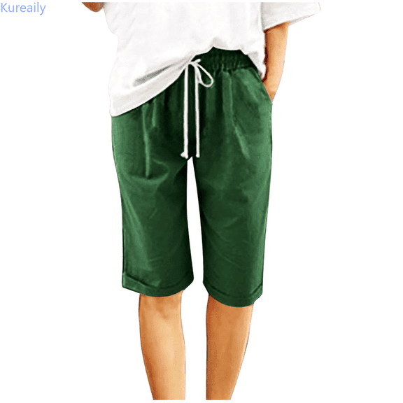 Kureaily Women Casual Shorts Drawstring Comfy Elastic Waist Shorts Mid Rise Slim Fit Cuffed Hem Short With Pockets