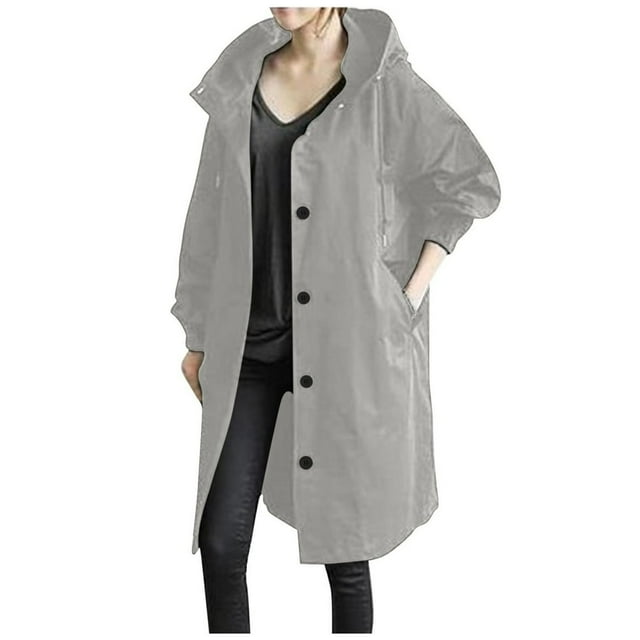 CNKOO Women‘s Plus Size Solid Color Button Pocket Recreational Hooded Long Sleeve Windbreaker Coat Tops
