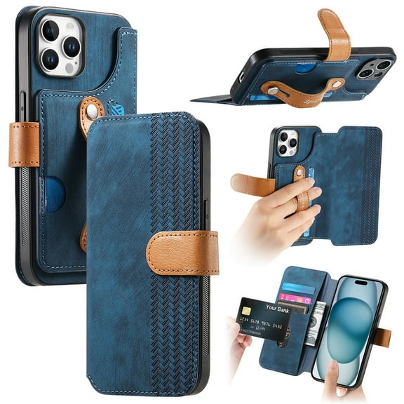 Dteck for iPhone 16 Pro Wallet Case with RFID Blocking Credit Card Holder,Wristband Strap Kickstand PU Leather Flip Shockproof Cover Women Men for iPhone 16 Pro Case,Blue