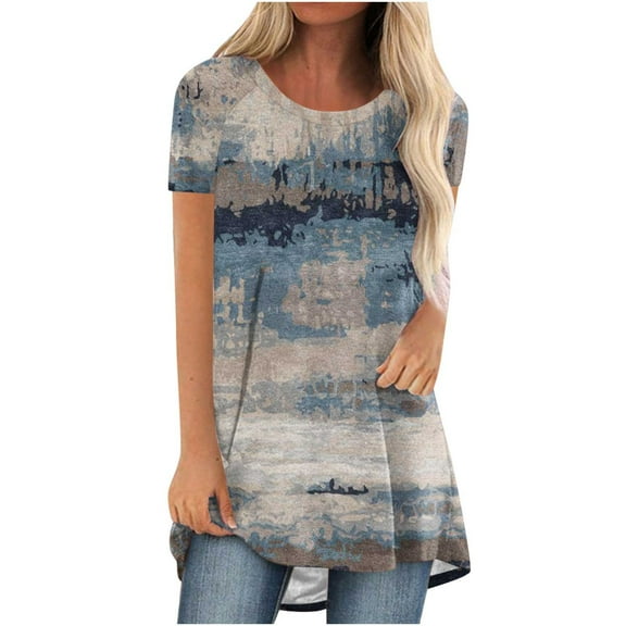 asdoklhq Womens Tops Clearance under $5, Summer Fall Womens Tops Fashion Women Fashion Short Sleeve Round Neck Printed Long T-Shirt Blouse Loose Tops