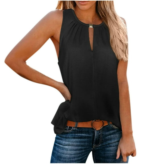 Jewelreauty Women Tank Tops Summer Casual Keyhole Collar Sleeveless Blouses Tee Solid Color Loose Shirts (S, Black)