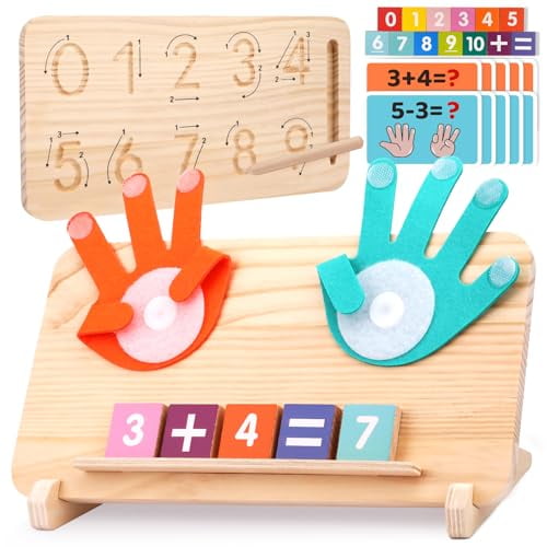 Montessori Learning Toys for Toddlers 2-4,Double-Sided Finger Counting & Number Tracing Board,Colorful Number Blocks,Solid Pine Wood Educational Math Toy for Kids Boys Girls Ages 1 3 5 Year Old