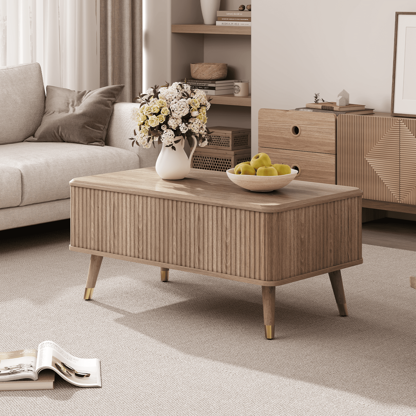 JOINICE Lift Top Coffee Table with Storage,Small Rectangle Center Table for Living Room,Oak