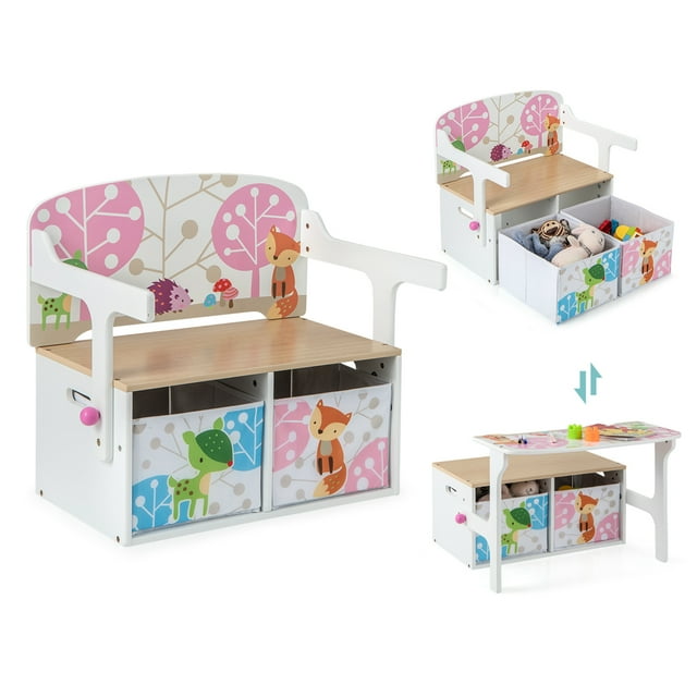 Costway 3 in 1 Kids Convertible Activity Bench Children Table & Chair Set with 2 Bins White