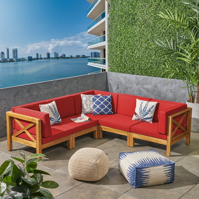Christopher Knight Home Brava Outdoor 5 Seat Acacia Wood Sofa Set by teak beige cuhsion Walmart