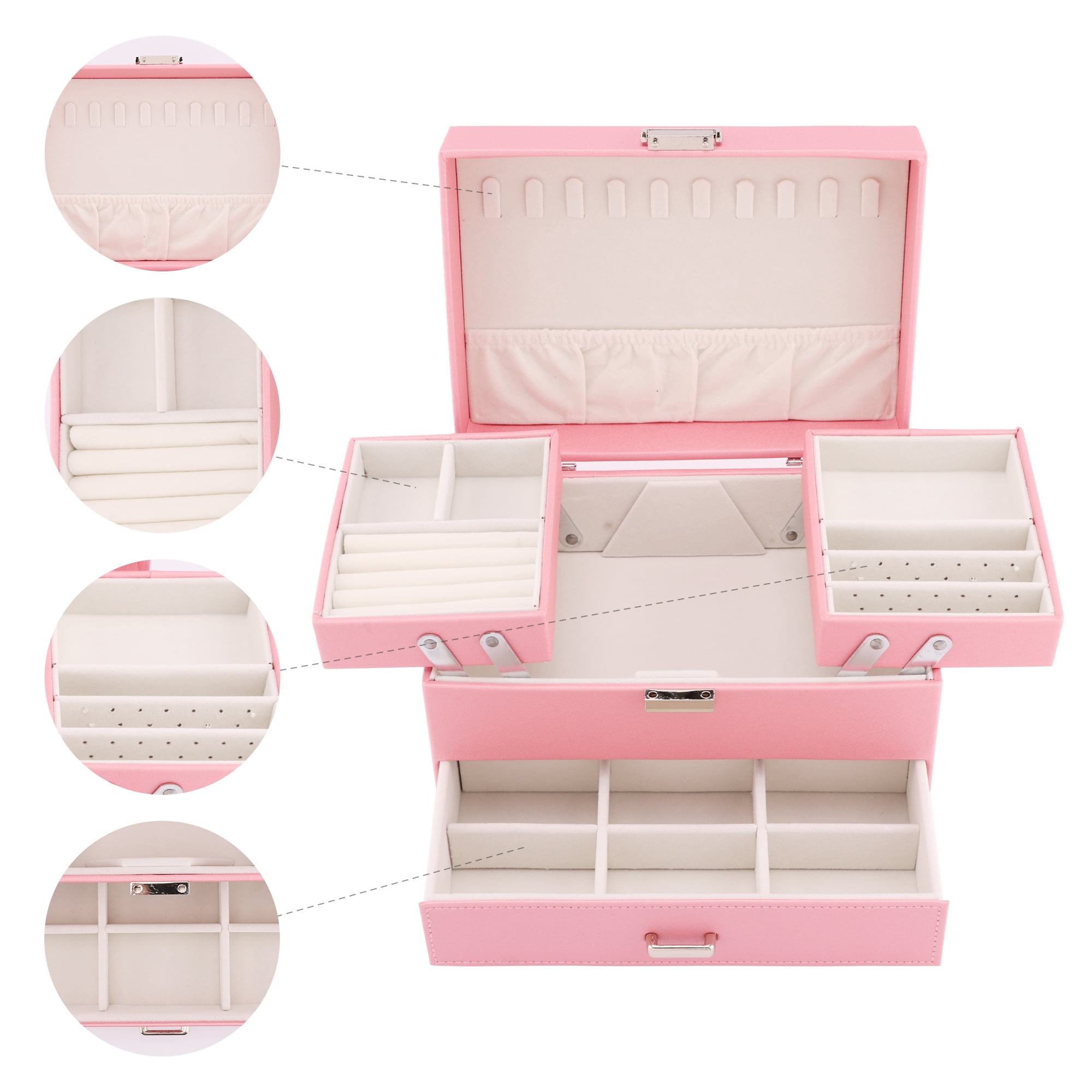 Unique Bargains 3 Layer Jewelry Box PU Leather Organizer Pink