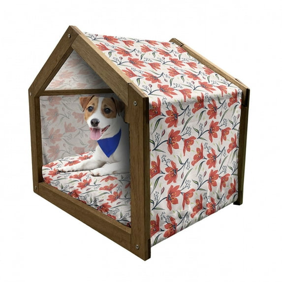 Floral Pet House, Hand Drawn Vintage Flourishing Tulip Flowers Nature Garden Theme Pattern, Outdoor & Indoor Portable Dog Kennel with Pillow and Cover, 5 Sizes, Peach Green and Red, by Ambesonne