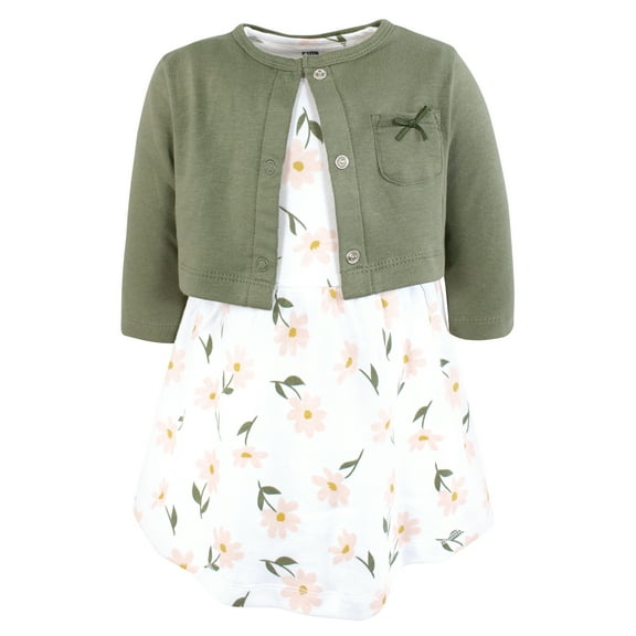 Hudson Baby Infant and Toddler Girls Cotton Dress and Cardigan Set, Sage Floral, 0-3 Months