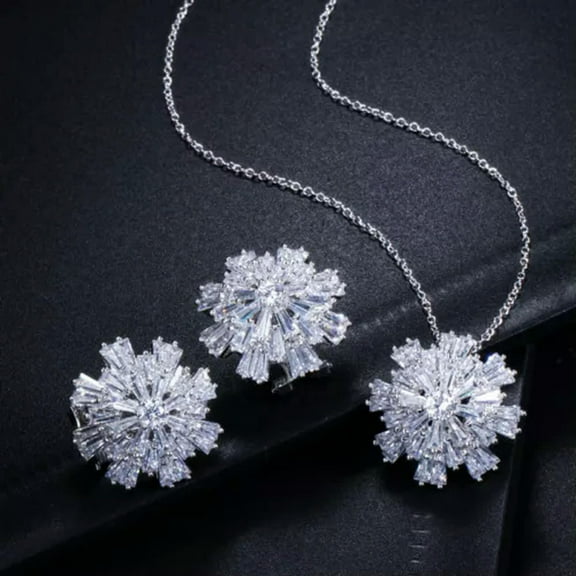 Rose Gold Snowflake Cubic Zirconia Women Necklace Earrings Fashion Jewelry Set