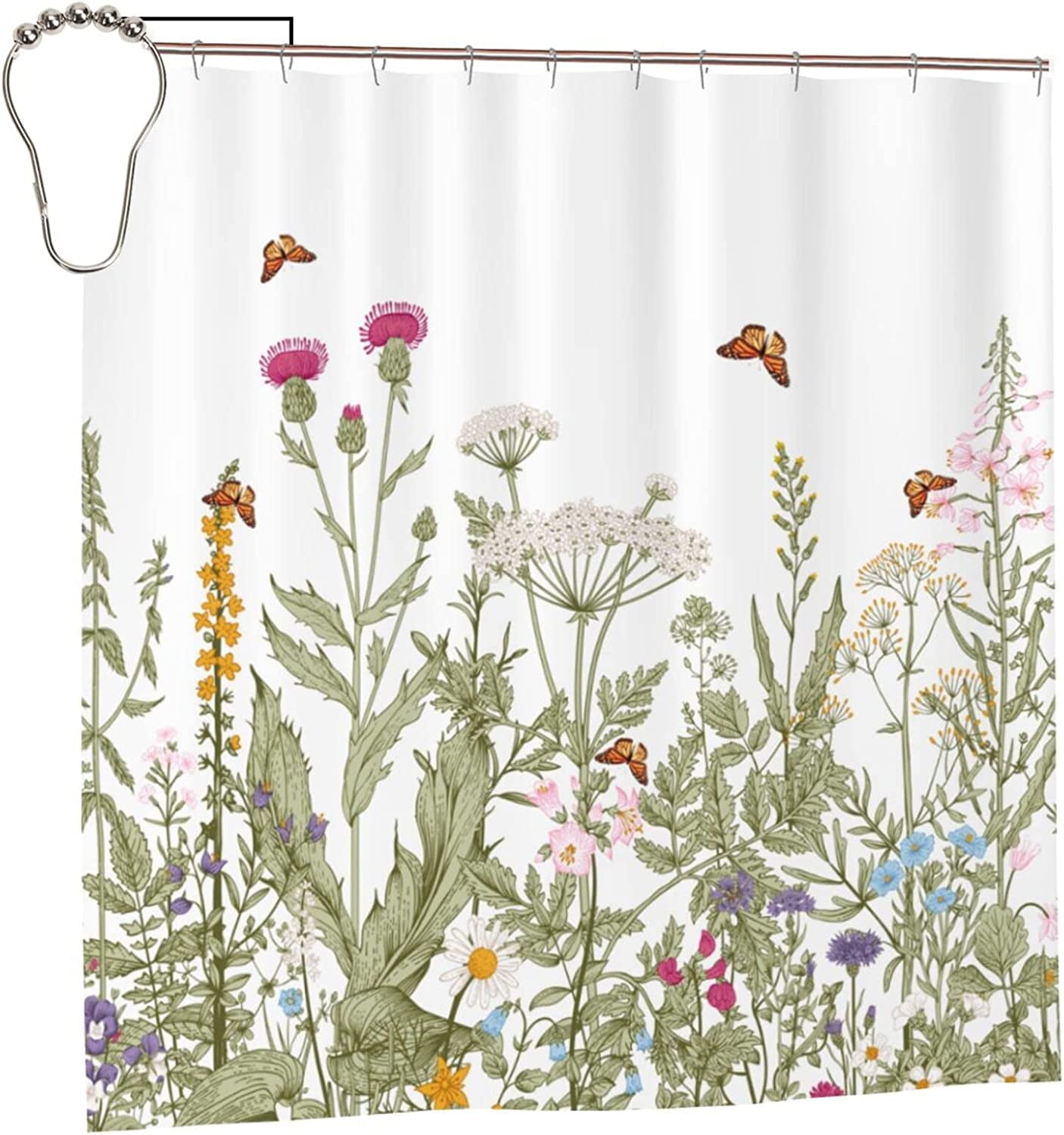 Floral Wildflower Botanical Waterproof Polyester Bathroom Shower Curtain 72x72 inch with 12 Hooks