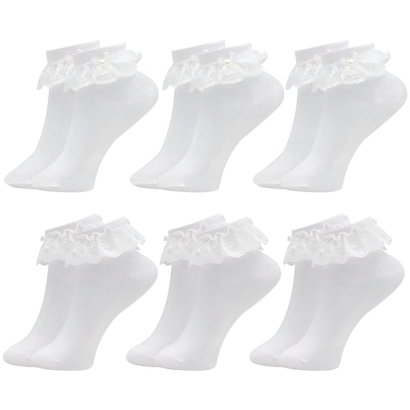 TELOLY 6 Pairs Girls White Frilly Socks, Cute Cotton Ruffled Trim Ankle School Socks, Comfortable Girls Frilly Ankle Socks, Vintage Bows Kids Frilly Socks, Beautiful White Communion Socks for Girls