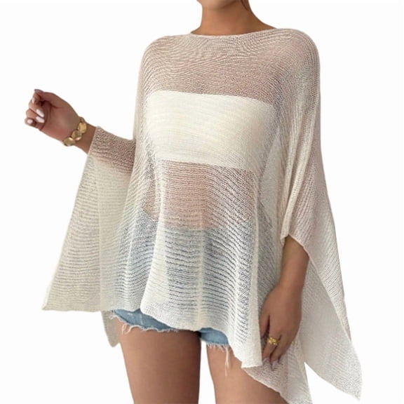 Women'S See Through Knit Poncho Shawl Sleeve Split Asymmetrical Shrug Cover Up White M