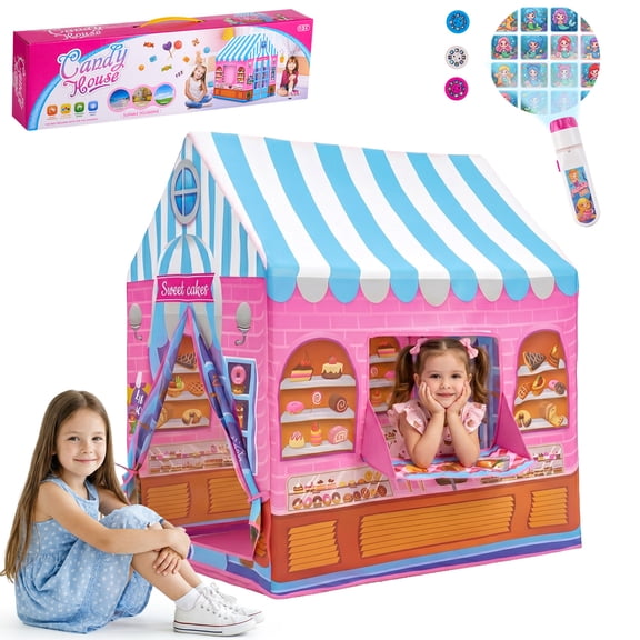 Lilian&Gema Pink Play Tent for Girls, Large Princess Play Tent House with Projector, Indoor & Outdoor Castle Tent Toy Gift for Kids Ages 3 4 5 6 7 8