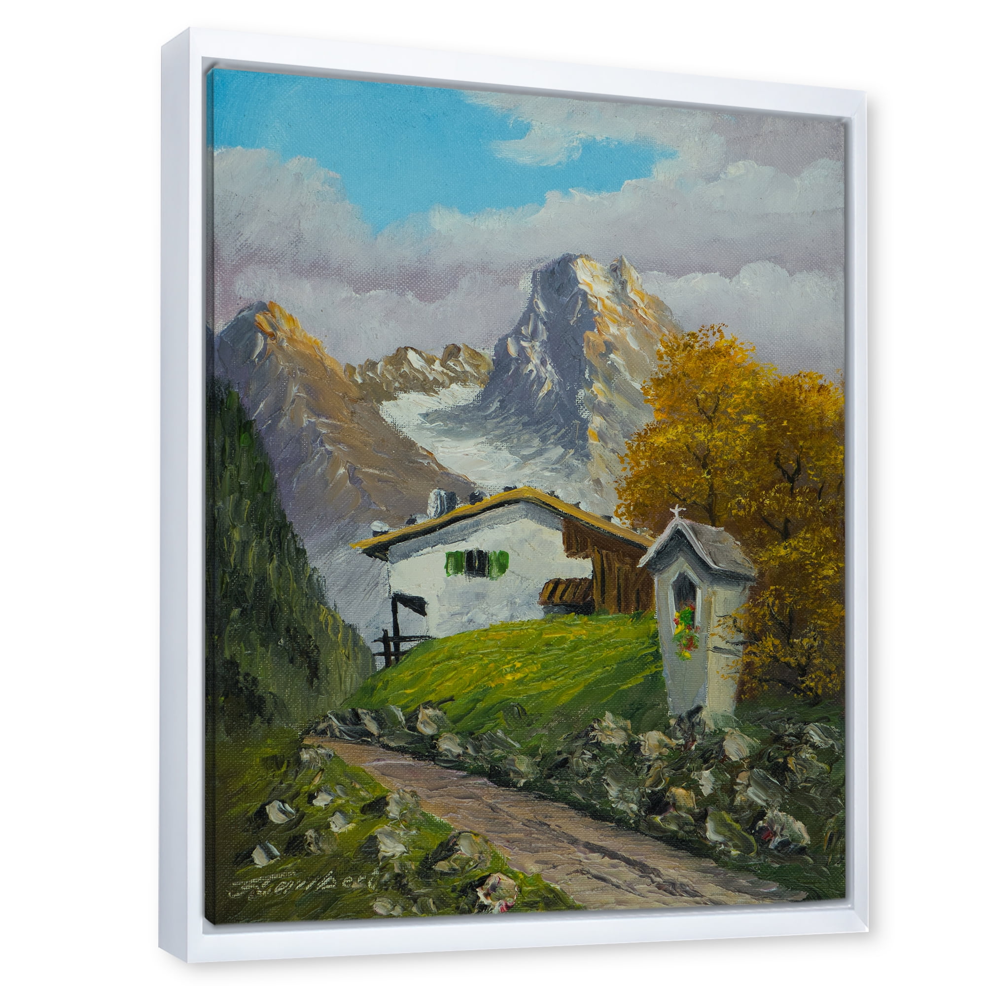 The Path Leading To A House Along Wayside Shrine 16 in x 32 in Framed Painting Canvas Art Print, by Designart