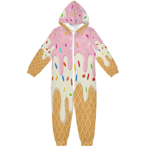 JOOGOO Pink Ice Cream Waffle Pattern Unisex Onesie Pajamas Jumpsuit Kids One-Piece Hooded Sleepwear 9-11Y