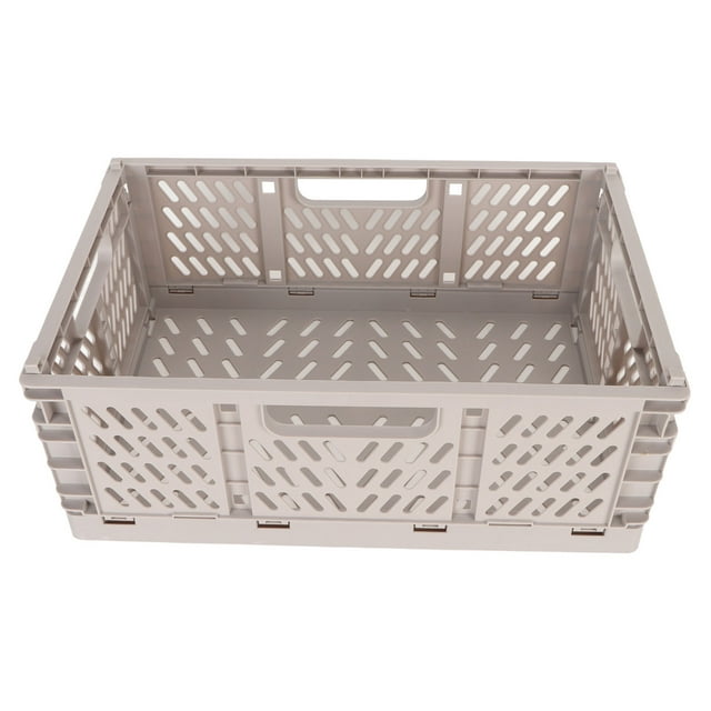 Large Grey Collapsible Plastic Storage Crate - Durable Hollow Breathable Design with Side Handles, Space-Saving Foldable Organizer for Home, Office, Laundry Room, RVs, Ideal for Toys, Documents and