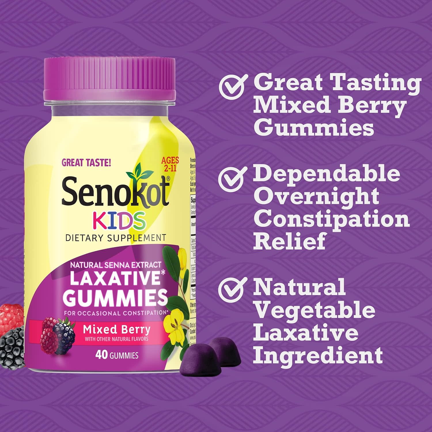 (3 pack) Senokot Kids Mixed Berry Laxative Gummies with Senna Extract for Age 2+, 40 Count