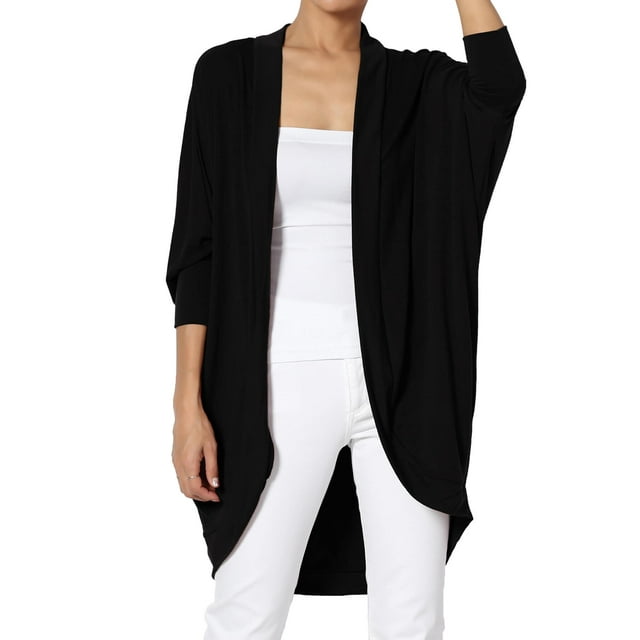 TheMoogan Women's Cocoon Draped Jersey Knit 3/4 Sleeve Oversized Open Front Cardigan