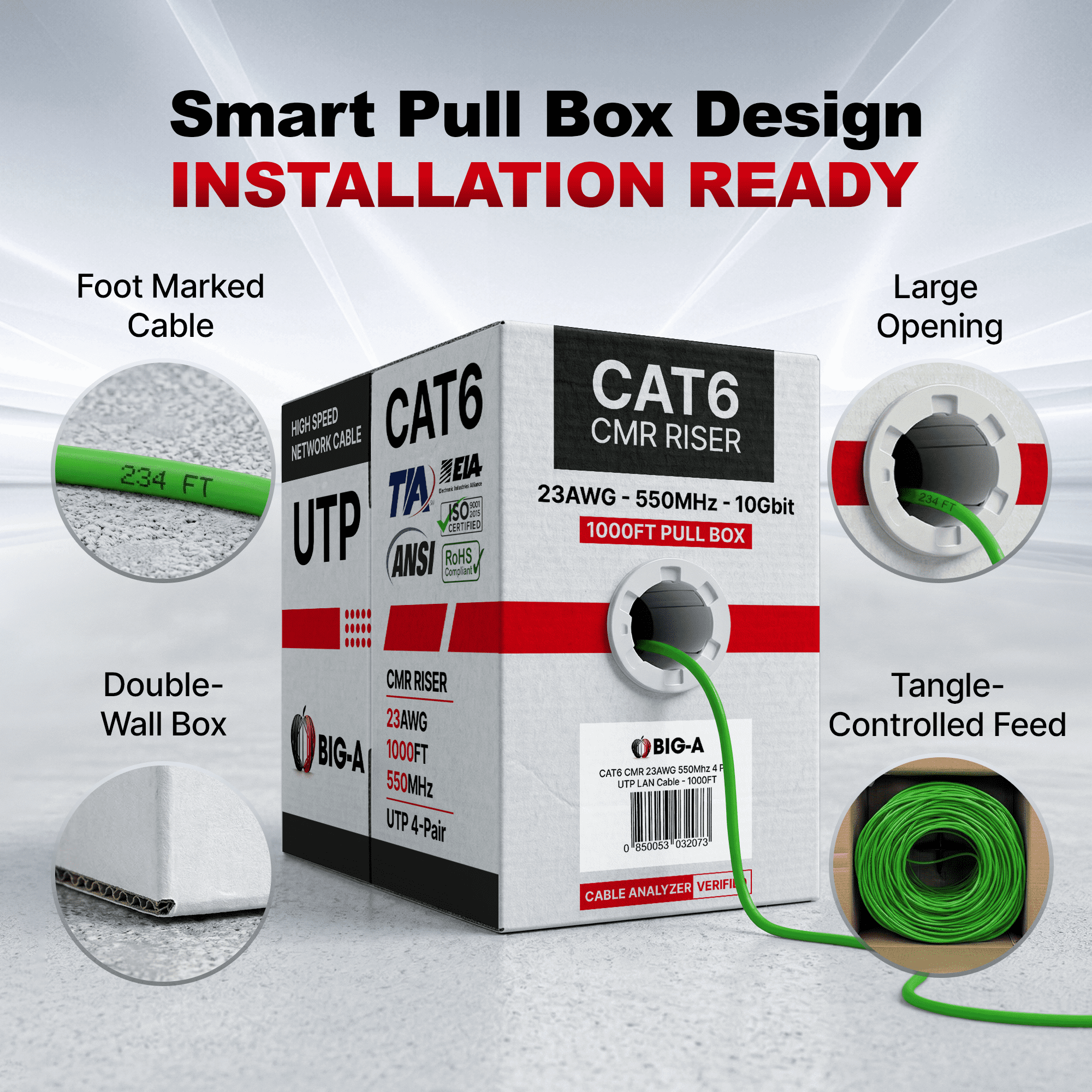 Big-A - Bulk Cat6 Cable 1000ft 23AWG Solid 4 Pair, Cat 6 Ethernet Cable Unshielded Twisted Pair (UTP), (CMR) 550MHz Internet Cord, Pull Box - Black