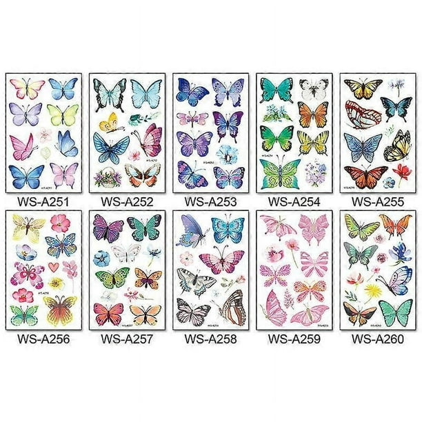 10 tatuajes de mariposas 3D para niños y mujeres, tatuajes temporales coloridos de arte corporal.