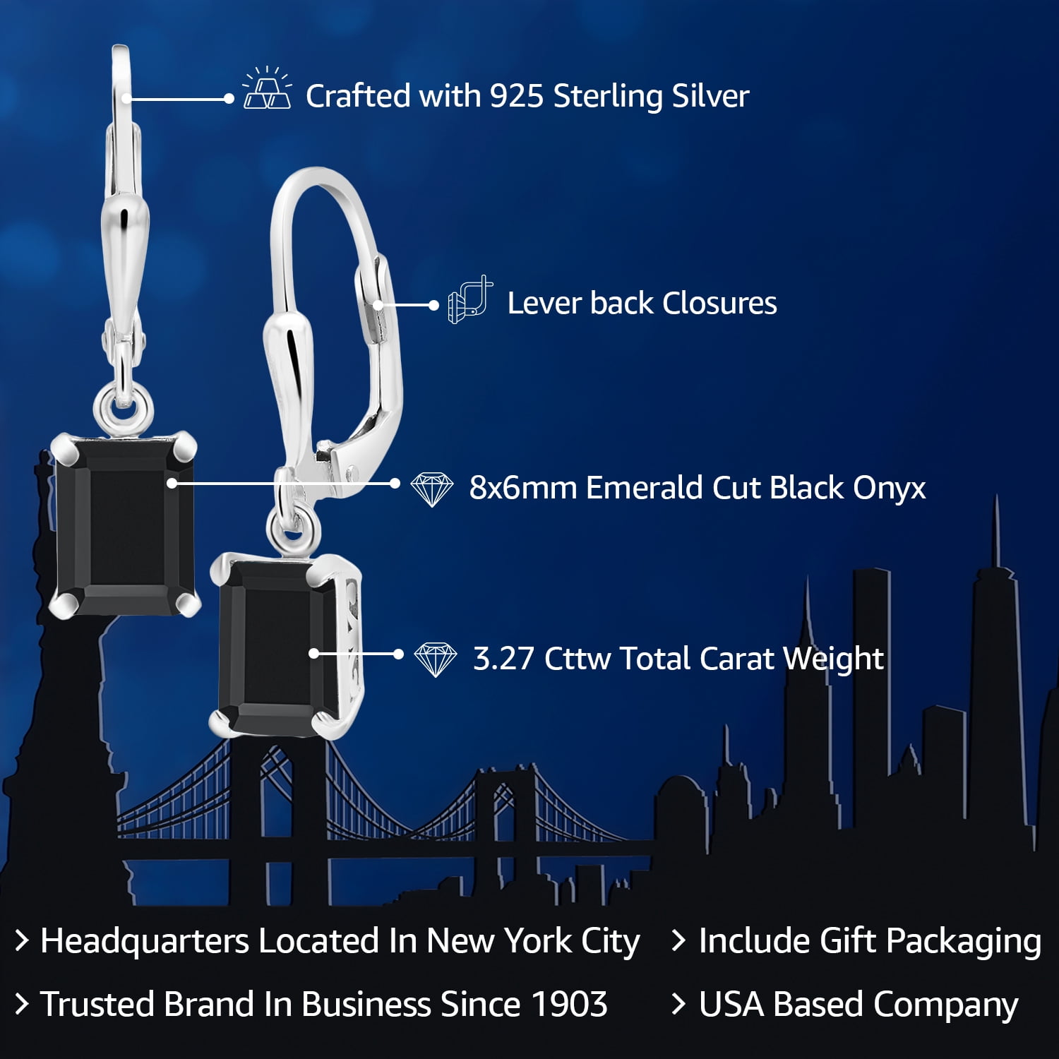 Gem Stone King 925 Sterling Silver Black Onyx Dangle Earrings for Women (3.27 Cttw, Gemstone December Birthstone, Octagon 8X6MM)