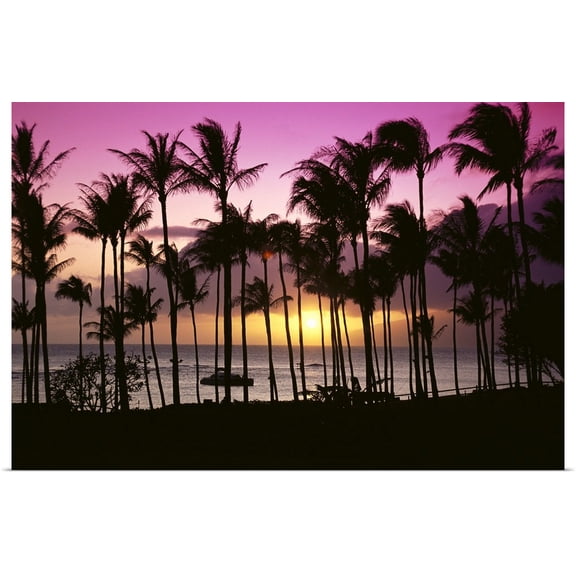 Great BIG Canvas | "Hawaii, Maui, Kapalua Bay, Tropical Sunset, Palms Silhouette" Art Print - 30x20