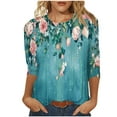 thumbnail image 2 of SOOMLON 3/4 Length Sleeve Womens Tops Petite Tunic Cotton Tops Dressy Casual Crewneck Shirts Cute Floral Graphic T Shirts 2025 Trendy Spring Summer Ladies Tops Loose Fit Outfits Pullover Blue XL, 2 of 5
