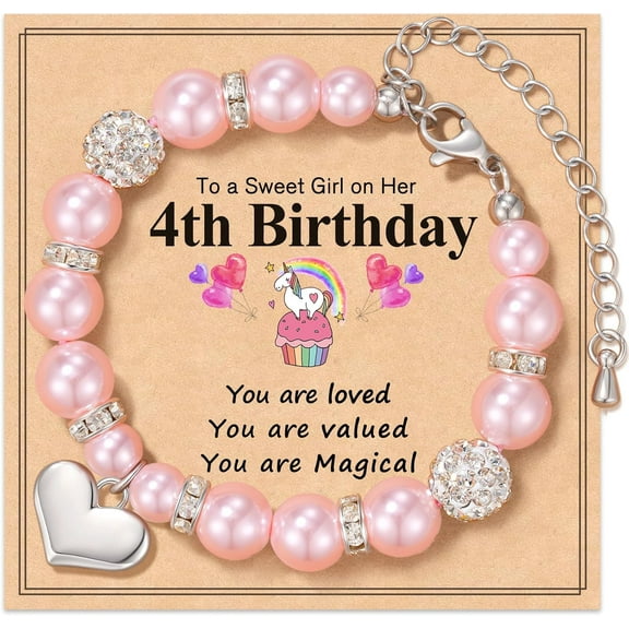 Birthday Gifts for Girls, Adjustable Pink Pearl Bracelet for 4 5 6 Year Old Girls, Cute Jewelry Gift for Daughter Granddaughter Niece on Birthday