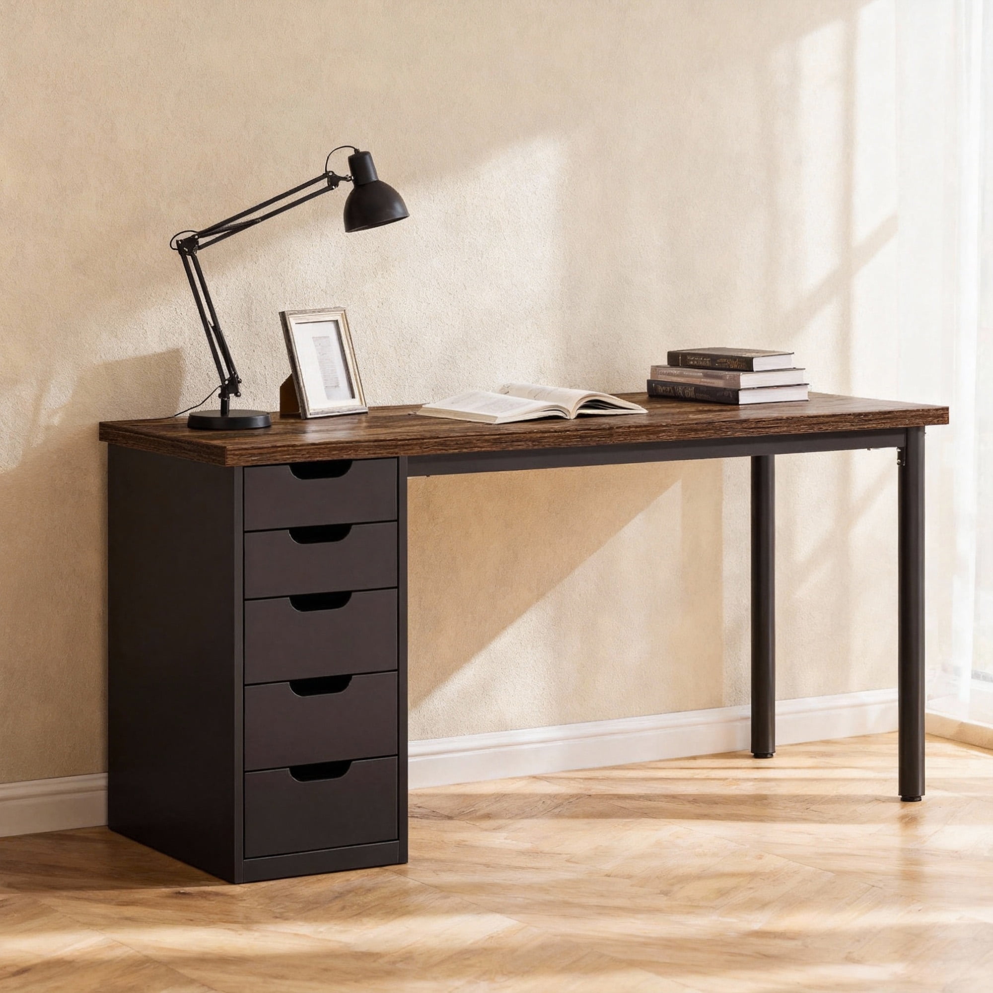 KIOOTTO 47" Computer Desk with 5 Drawers, Reversible Storage Cabinet and Compact Home Office Workstation, Brown