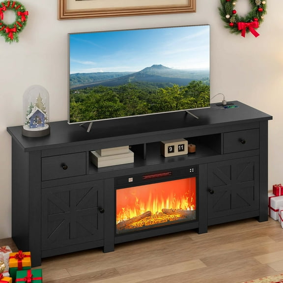 Uforic 70'' TV Stand w/ 23 Inch Electric Fireplace, Power Outlets & Storage for Up to 80 Inch TVs, Indoor, Black