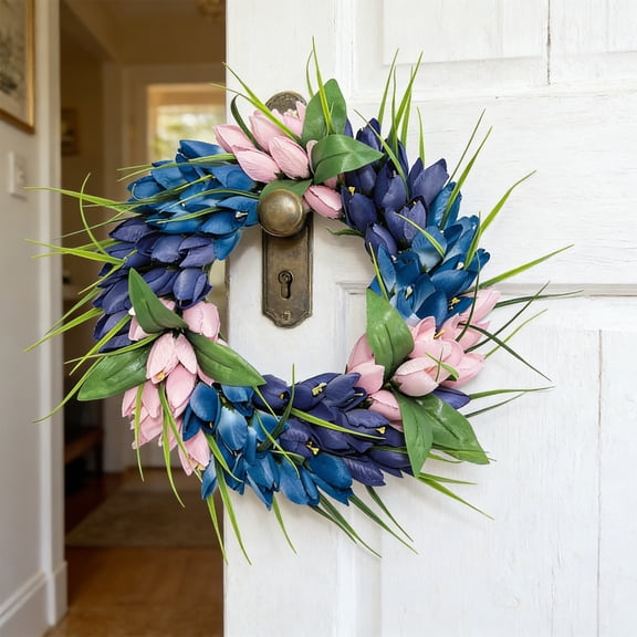 Lilixerw 20 Inch Tulip Wreath for Front Door,Spring Summer Silk Wreath with Green Leaves Artificial Tulip Flower Wreaths for All Seasons Window Wall Wedding Decor