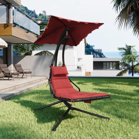 Outdoor Reclining Daybed with Canopy Shade – Curved Steel Frame, Adjustable Backrest, Waterproof Fabric Pad, 78.7" High for Patio, Garden, Poolside or Backyard (Red)