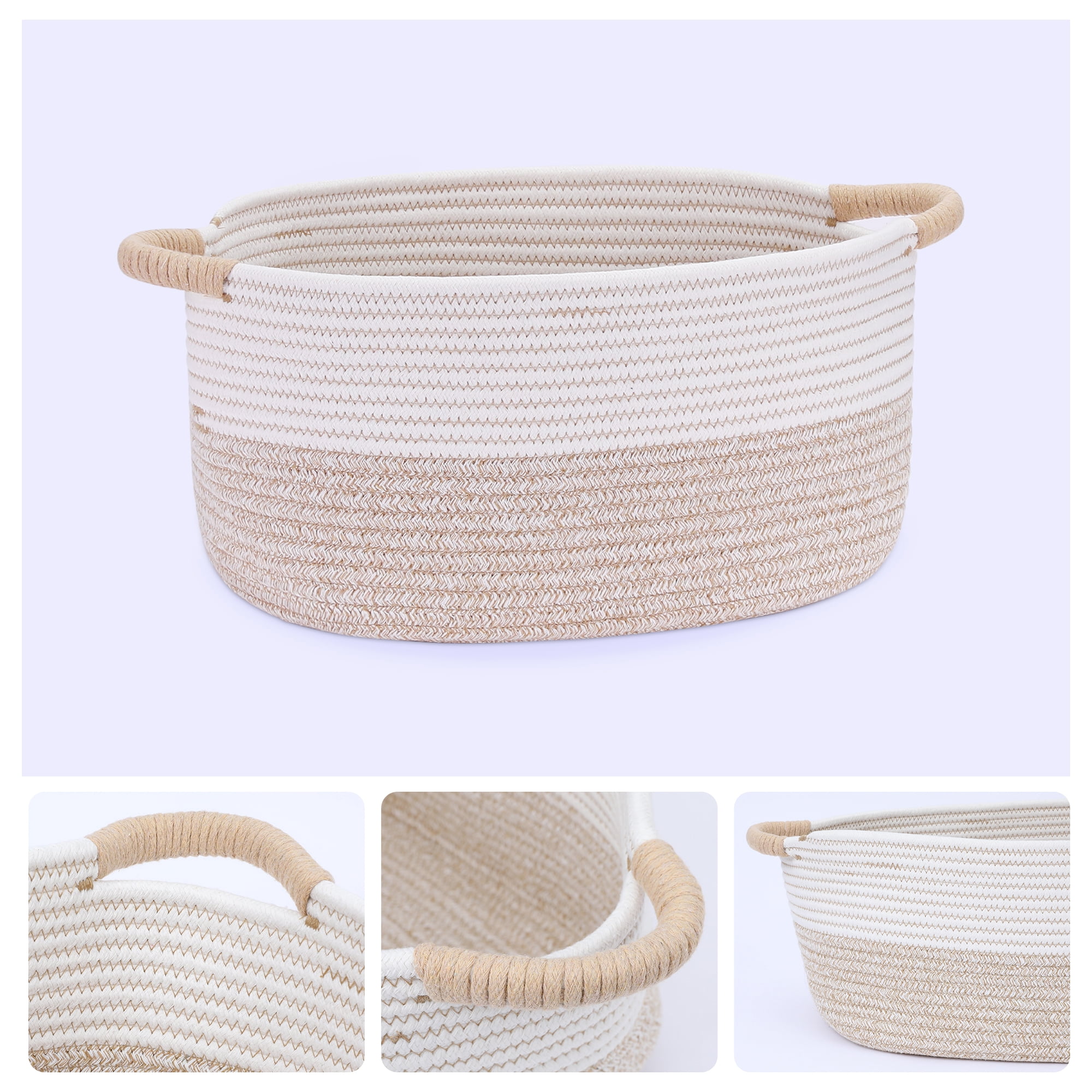 Unique Bargains Woven Storage Basket Bin with Handles White/Khaki 15.5*11.5*7.5in