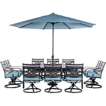 Hanover Montclair 11-Piece All-Weather Outdoor Patio Dining Set, 10 Swivel Rocker Chairs with Comfortable Seat and Lumbar Cushions, 84"x60" Stamped Rectangle Table, Umbrella, and Umbrella Base