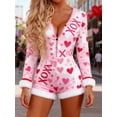 thumbnail image 5 of Women's Deep V Neck One Piece Shorts Bodysuit Furry Trim Long Sleeve Bodycon Jumpsuit Pajama Cute Heart Print Shorts Romper Valentines, 5 of 6
