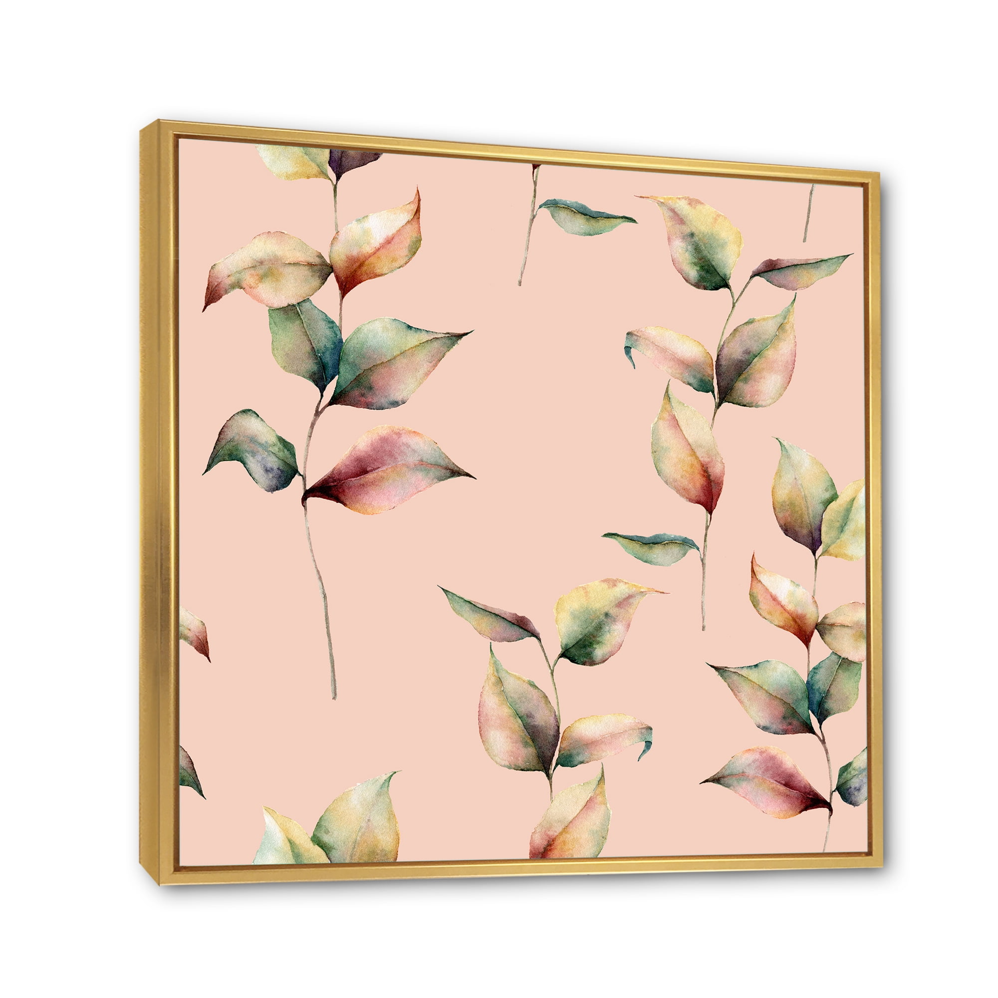 Designart 'Autumn Pink Leaves with Branch On Pastel Colors' Traditional Framed Canvas Wall Art Print