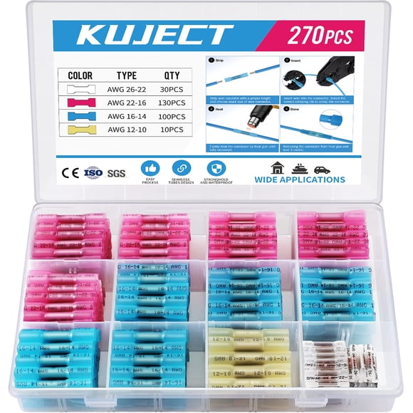 Kuject 270PCS Heat Shrink Butt Connectors, Insulated Waterproof Wire Connector kit, Tinned Copper Electrical Crimp Connectors for Automotive Marine B