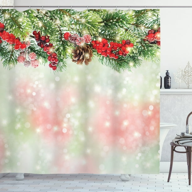 Christmas Shower Curtain, Evergreen Fir Branches with Red Ripe Holly