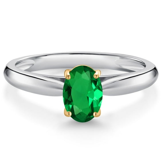Gem Stone King 10K White and Yellow Gold Green Nano Emerald Solitaire Engagement Ring for Women (0.60 Cttw, Oval 7X5MM, Gemstone May Birthstone, Size 5)