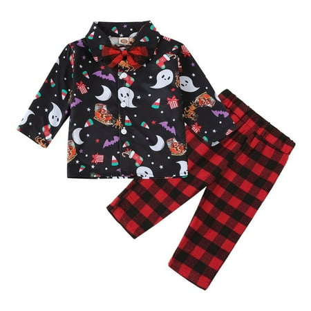 

EnJoCho Baby Comfy Clothes Xmas Kids Toddler Baby Boys Cartoon Print Long Sleeve Gentleman Shirt Plaid Pants Trousers Christmas Outfit Set 2PCS Child Kids Trendy Fall Winter Clothing Set